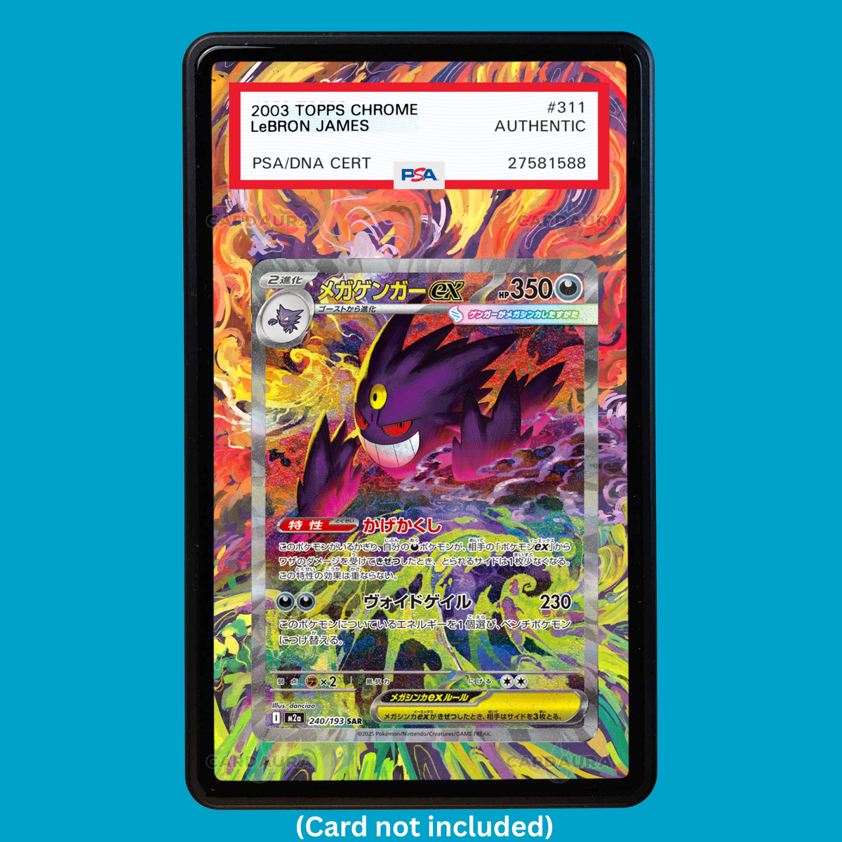 Showcase your Mega Gengar EX 284/217 with a premium extended art display case designed for graded Pokémon cards. This collectible display combines hand-drawn extended artwork, a magnetic aluminum case, and UV-protective tempered glass to help protect and elevate your Mega Gengar EX 284/217 card.