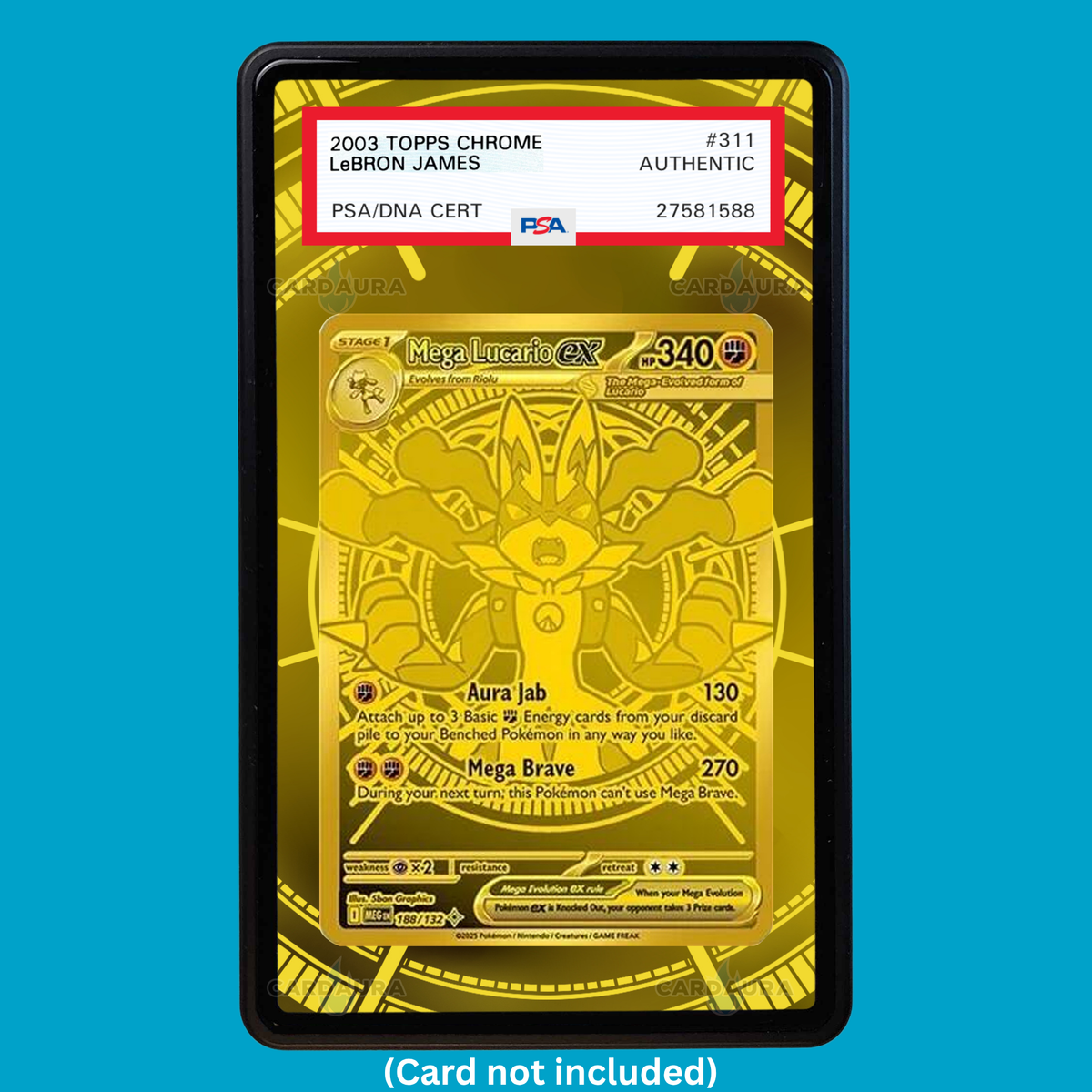 Hand-drawn Mega Lucario Gold 188/132 Mega Evolutions extended art display case insert for graded Pokémon cards