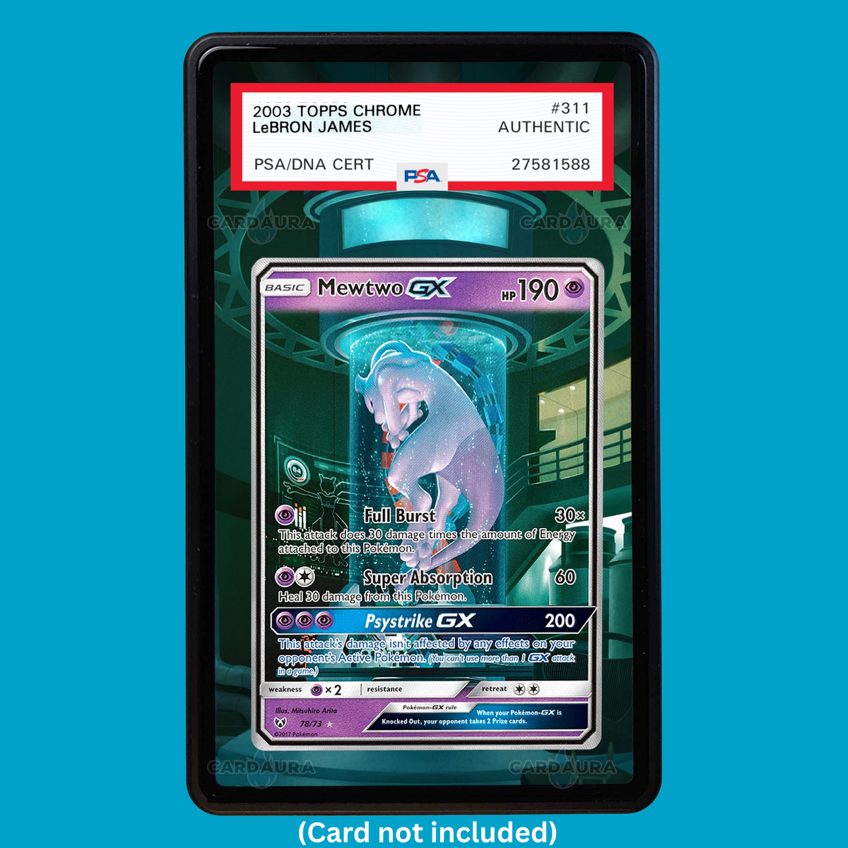 Hand-drawn Mewtwo 78/73 Shining Legends extended art display case insert for graded Pokémon cards