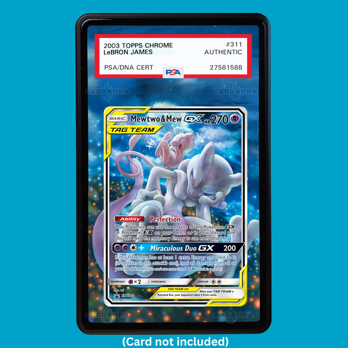 Hand-drawn Mewtwo & Mew SM191 Tag Team extended art display case insert for graded Pokémon cards