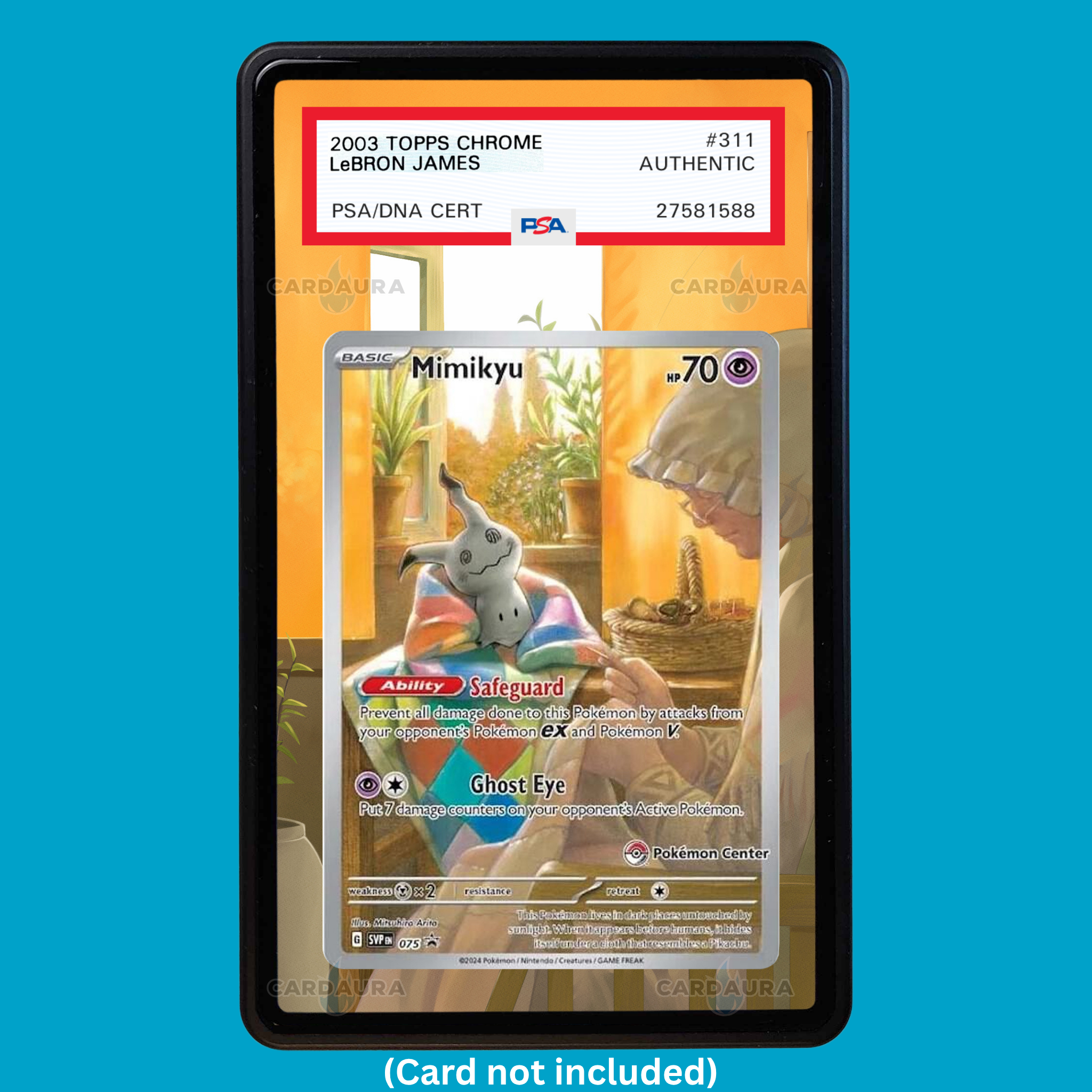 Hand-drawn Mimikyu 075 Paldean Fates extended art display case insert for graded Pokémon cards