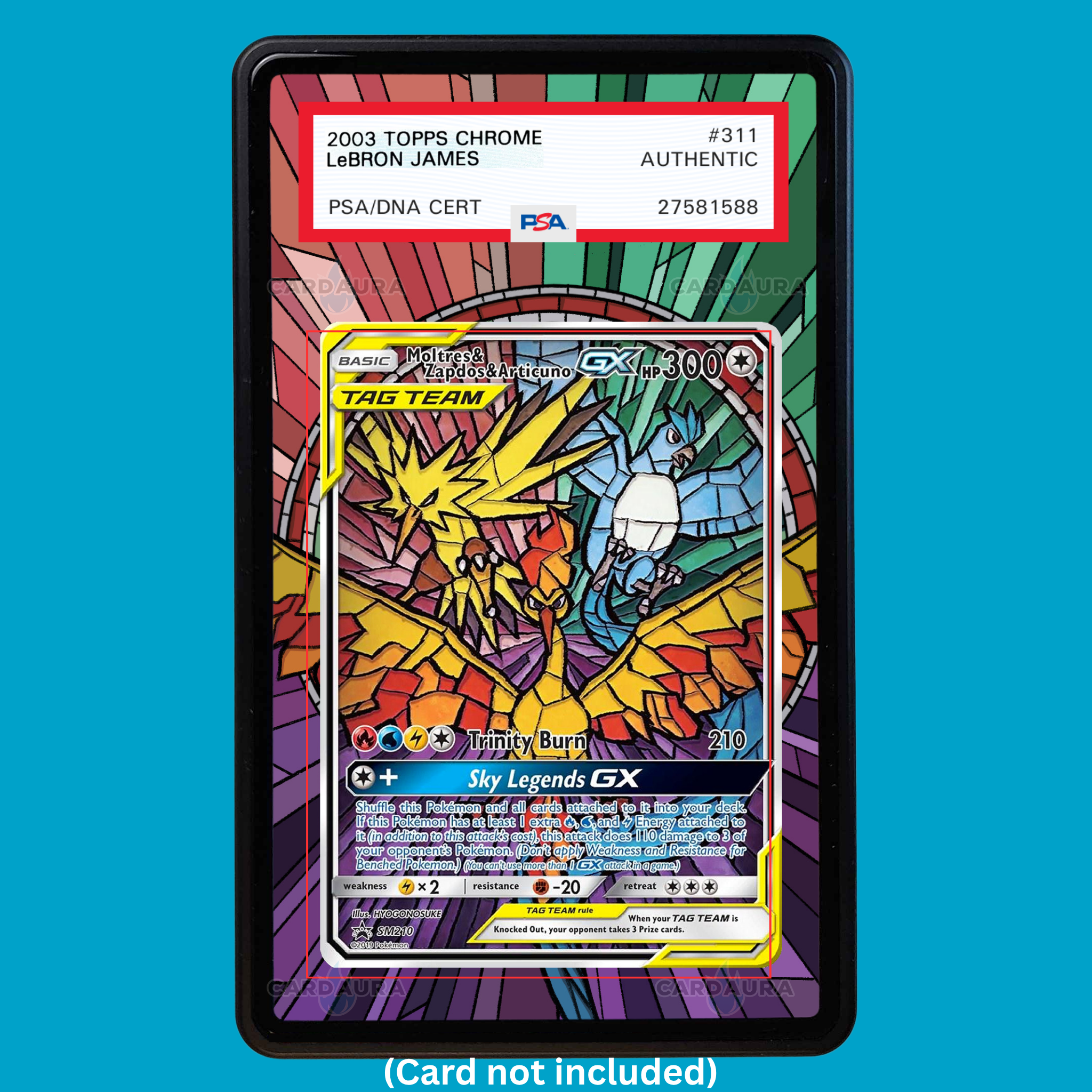 Hand-drawn Moltres&Zapdos&Articuno SM210 Hidden Fates extended art display case insert for graded Pokémon cards