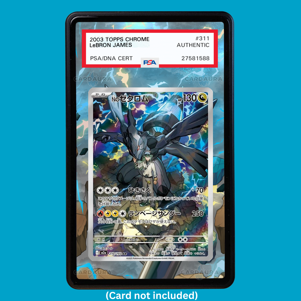 Showcase your N's Zekrom 031 with a premium extended art display case designed for graded Pokémon cards. This collectible display combines hand-drawn extended artwork, a magnetic aluminum case, and UV-protective tempered glass to help protect and elevate your N's Zekrom 031 card.