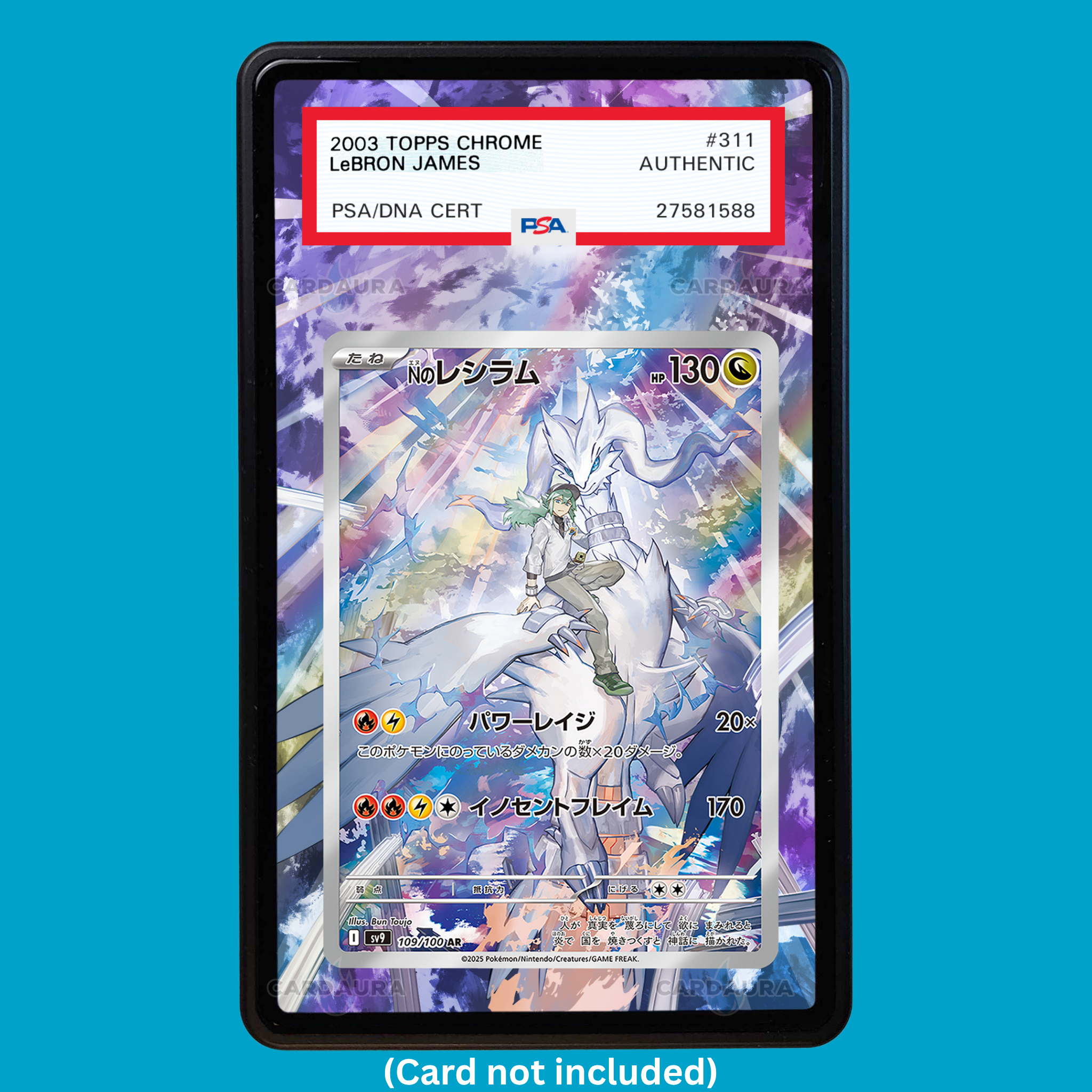 Hand-drawn N's Reshiram 167/159 Journey Together extended art display case insert for graded Pokémon cards
