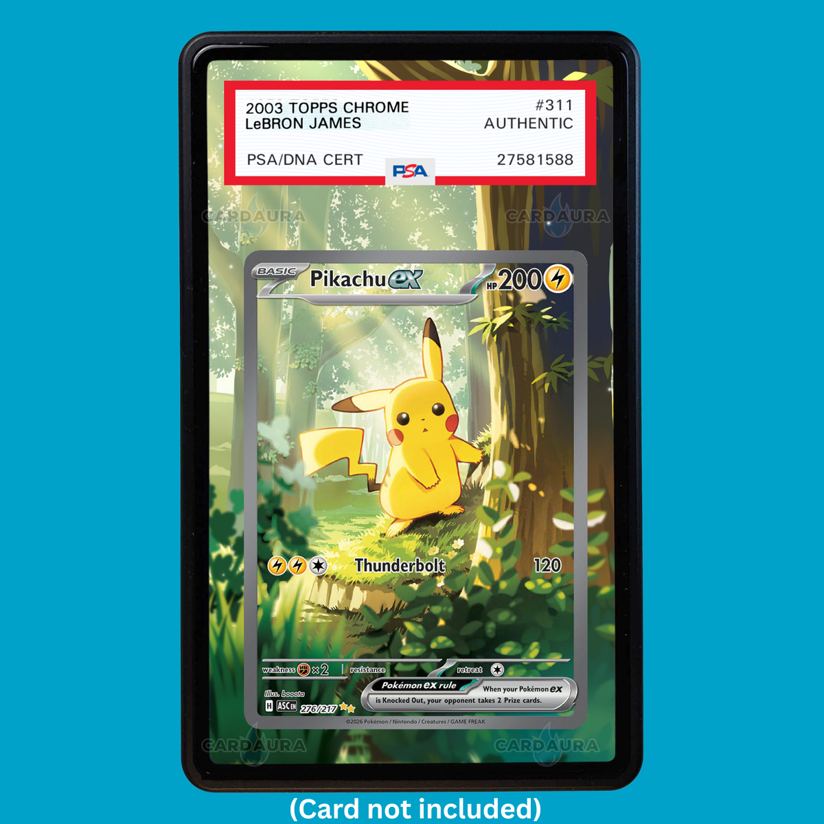 Showcase your Pikachu EX 276/217 Ascended Heroes with a premium extended art display case designed for graded Pokémon cards. This collectible display combines hand-drawn extended artwork, a magnetic aluminum case, and UV-protective tempered glass to help protect and elevate your Pikachu EX 276/217 Pokémon card.