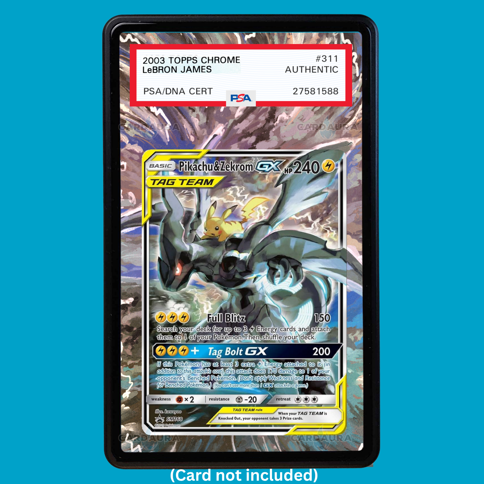 Hand-drawn Pikachu & Zekrom Tag Team extended art display case insert for graded Pokémon cards
