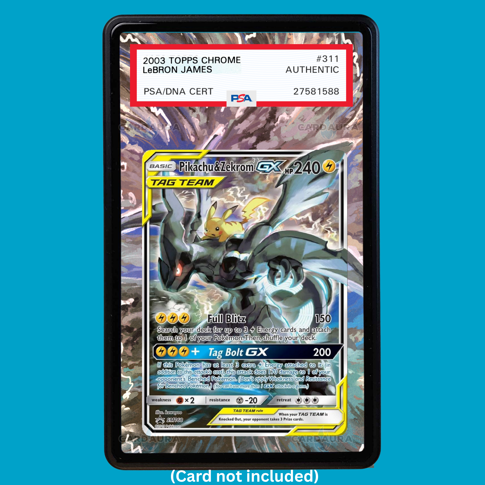 Hand-drawn Pikachu & Zekrom Tag Team extended art display case insert for graded Pokémon cards