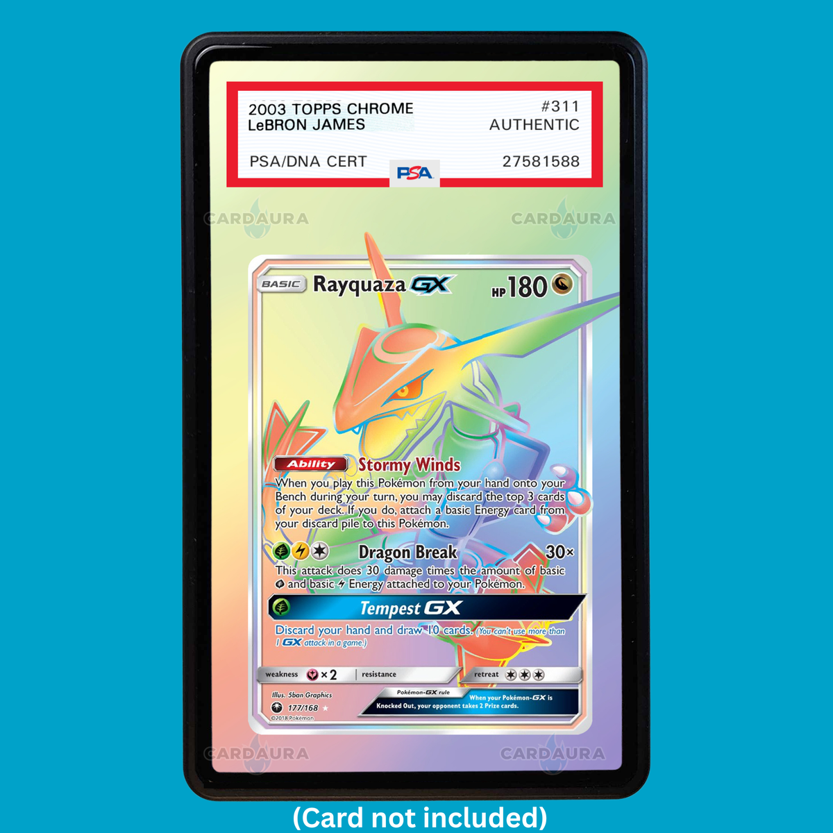 Showcase your Rayquaza GX 177/168 with a premium extended art display case designed for graded Pokémon cards. This collectible display combines hand-drawn extended artwork, a magnetic aluminum case, and UV-protective tempered glass to help protect and elevate your Rayquaza GX 177/168 card.