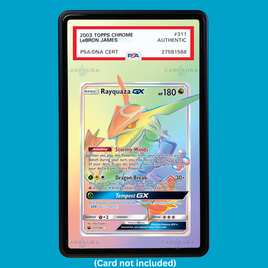 Showcase your Rayquaza GX 177/168 with a premium extended art display case designed for graded Pokémon cards. This collectible display combines hand-drawn extended artwork, a magnetic aluminum case, and UV-protective tempered glass to help protect and elevate your Rayquaza GX 177/168 card.