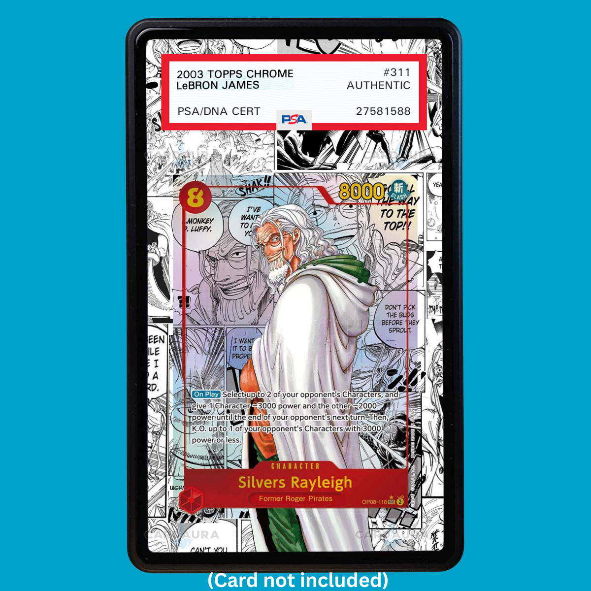 Showcase your Silvers Rayleigh Manga OP08-118 with a premium extended art display case designed for graded One Piece cards. This collectible display combines hand-drawn extended artwork, a magnetic aluminum case, and UV-protective tempered glass to help protect and elevate your One Piece Silvers Rayleigh Manga card.