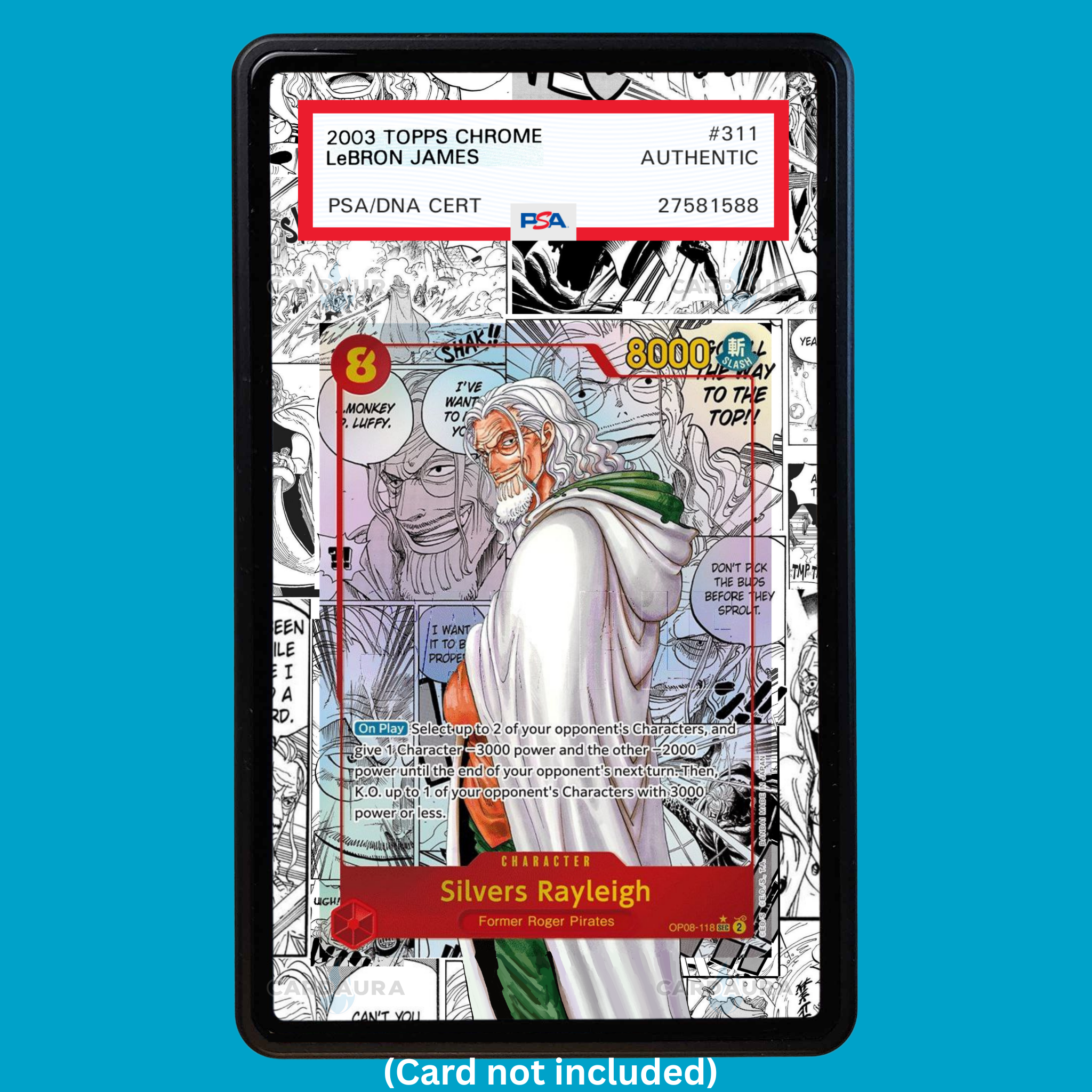 Showcase your Silvers Rayleigh Manga OP08-118 with a premium extended art display case designed for graded One Piece cards. This collectible display combines hand-drawn extended artwork, a magnetic aluminum case, and UV-protective tempered glass to help protect and elevate your One Piece Silvers Rayleigh Manga card.