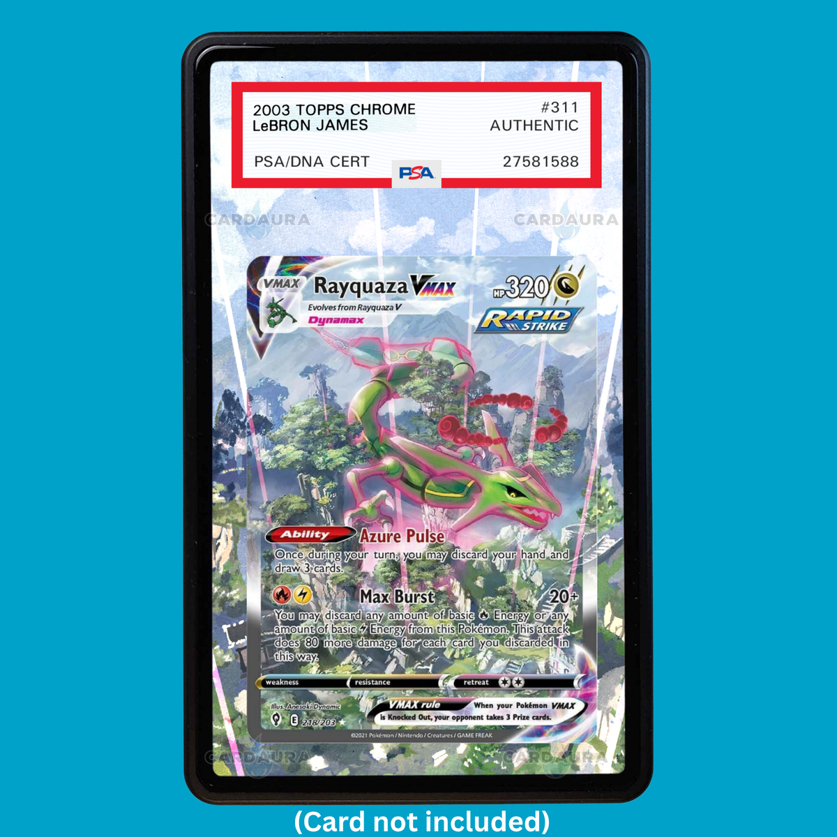 Hand-drawn Rayquaza VMAX 218/203 Evolving Skies extended art display case insert for graded Pokémon cards