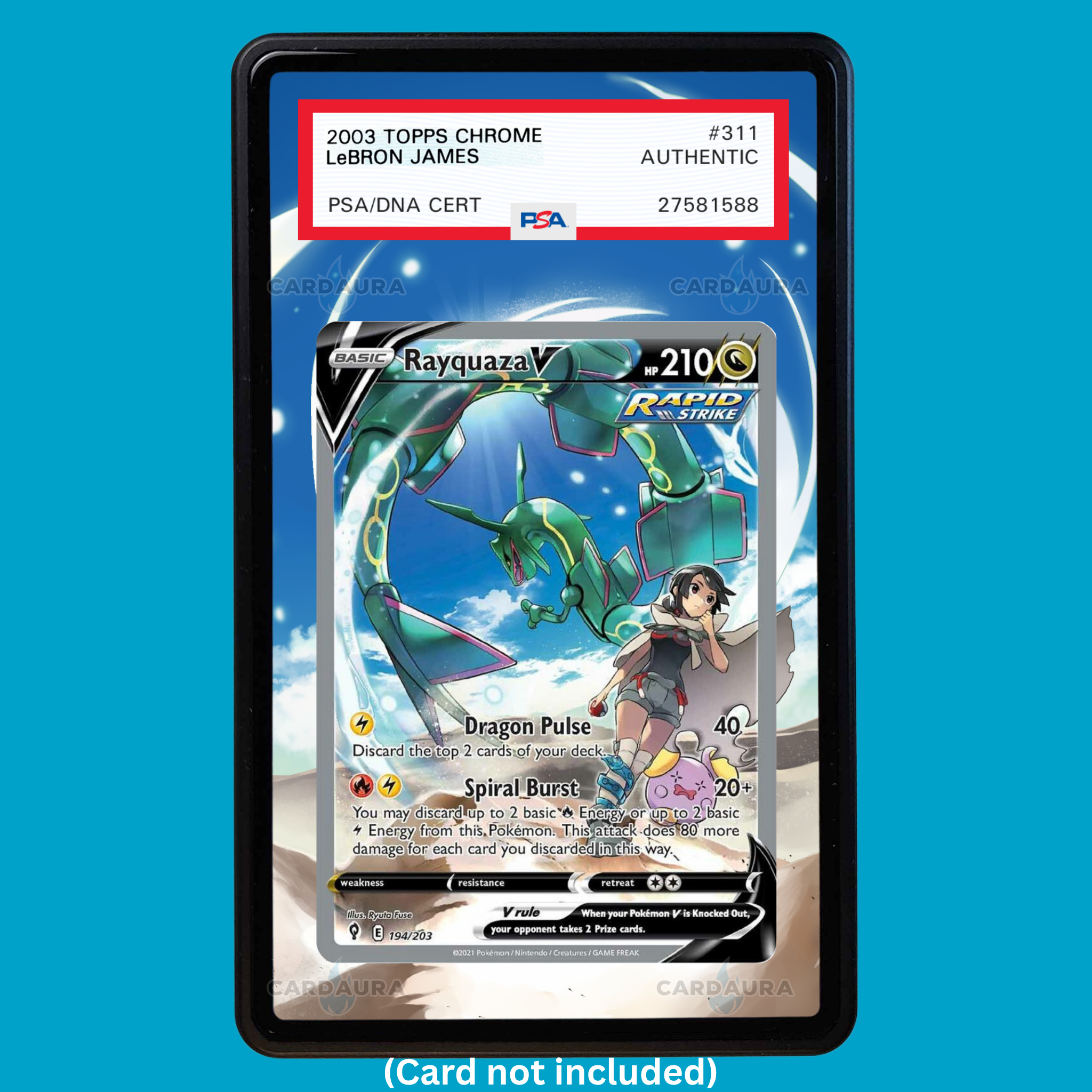 Hand-drawn Rayquaza V 194/203 Evolving Skies extended art display case insert for graded Pokémon cards