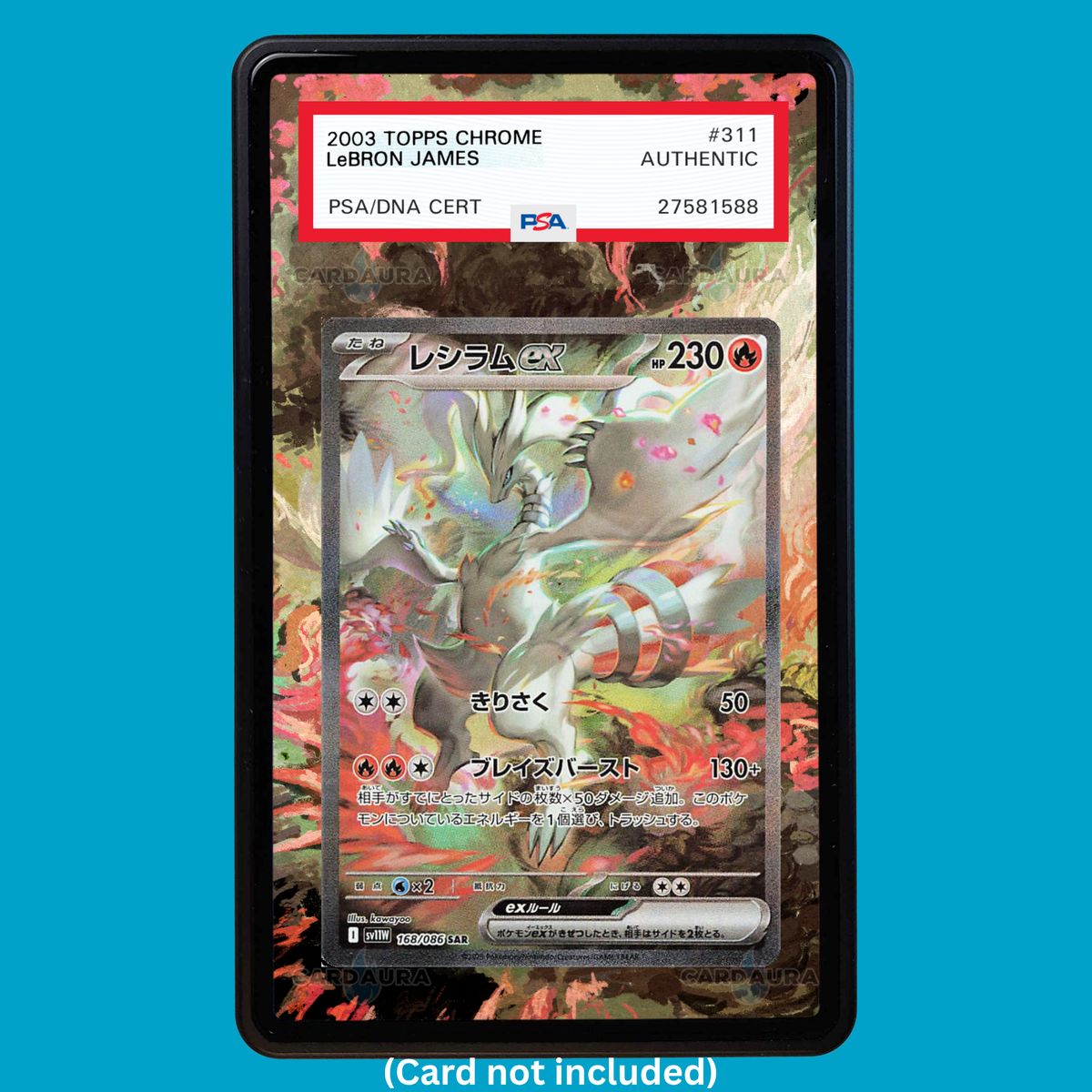Hand-drawn Reshiram EX 168/086 White Flare extended art display case insert for graded Pokémon cards