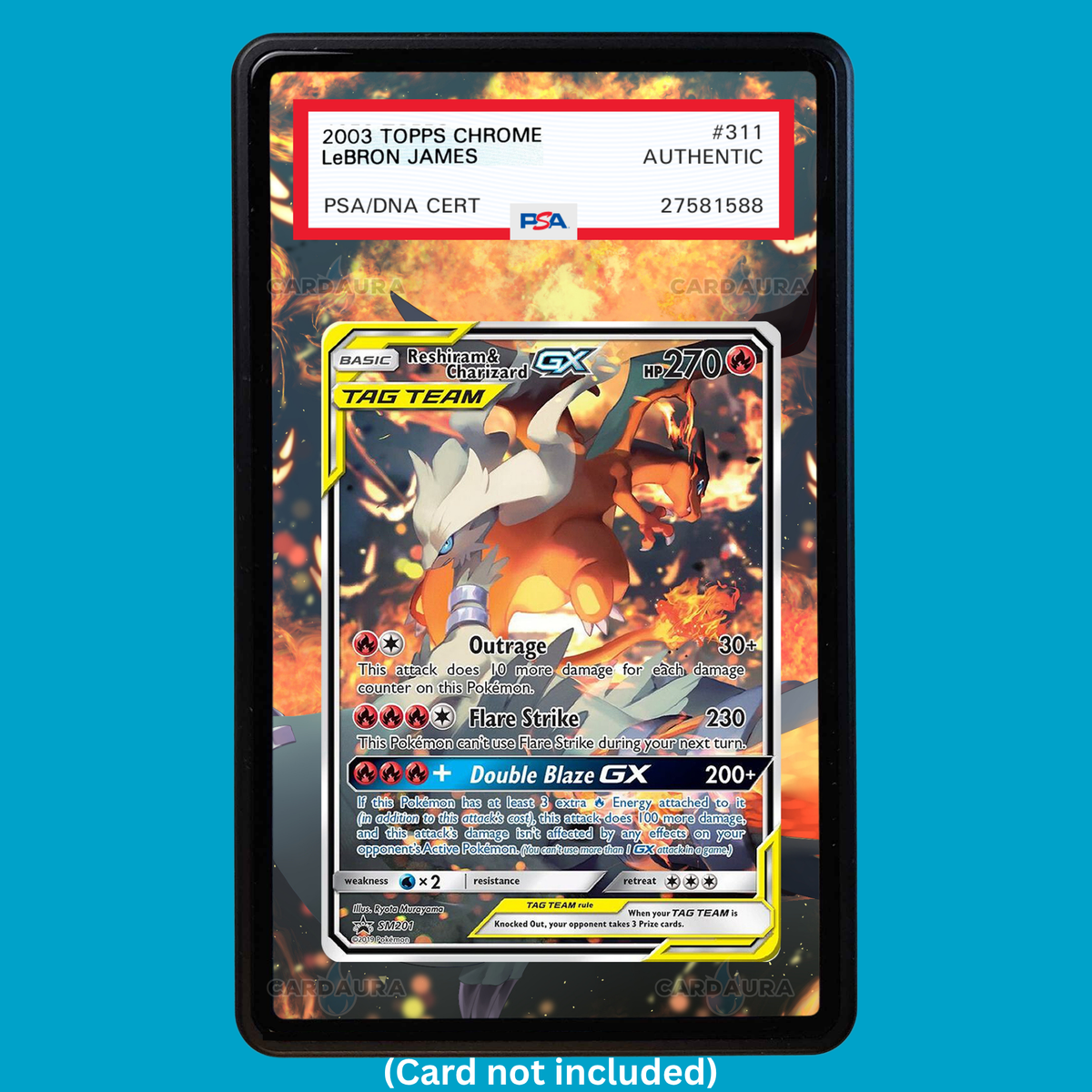 Hand-drawn Reshiram & Charizard Tag Team extended art display case insert for graded Pokémon cards