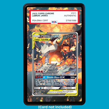 Hand-drawn Reshiram & Charizard Tag Team extended art display case insert for graded Pokémon cards