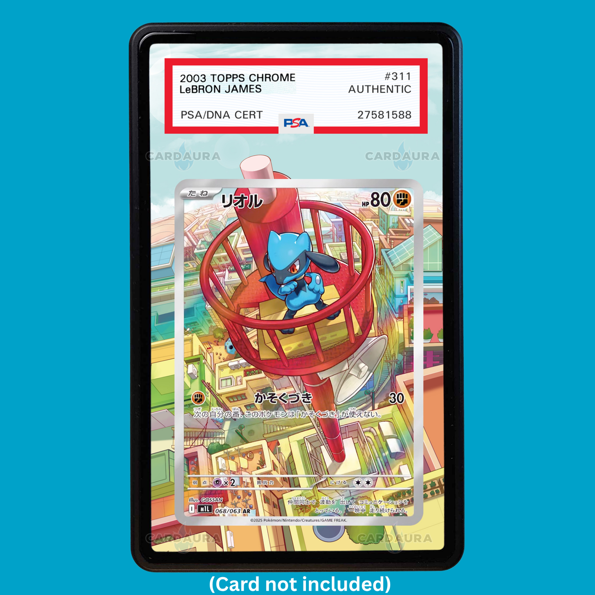 Hand-drawn Riolu 010 Mega Evolutions extended art display case insert for graded Pokémon cards