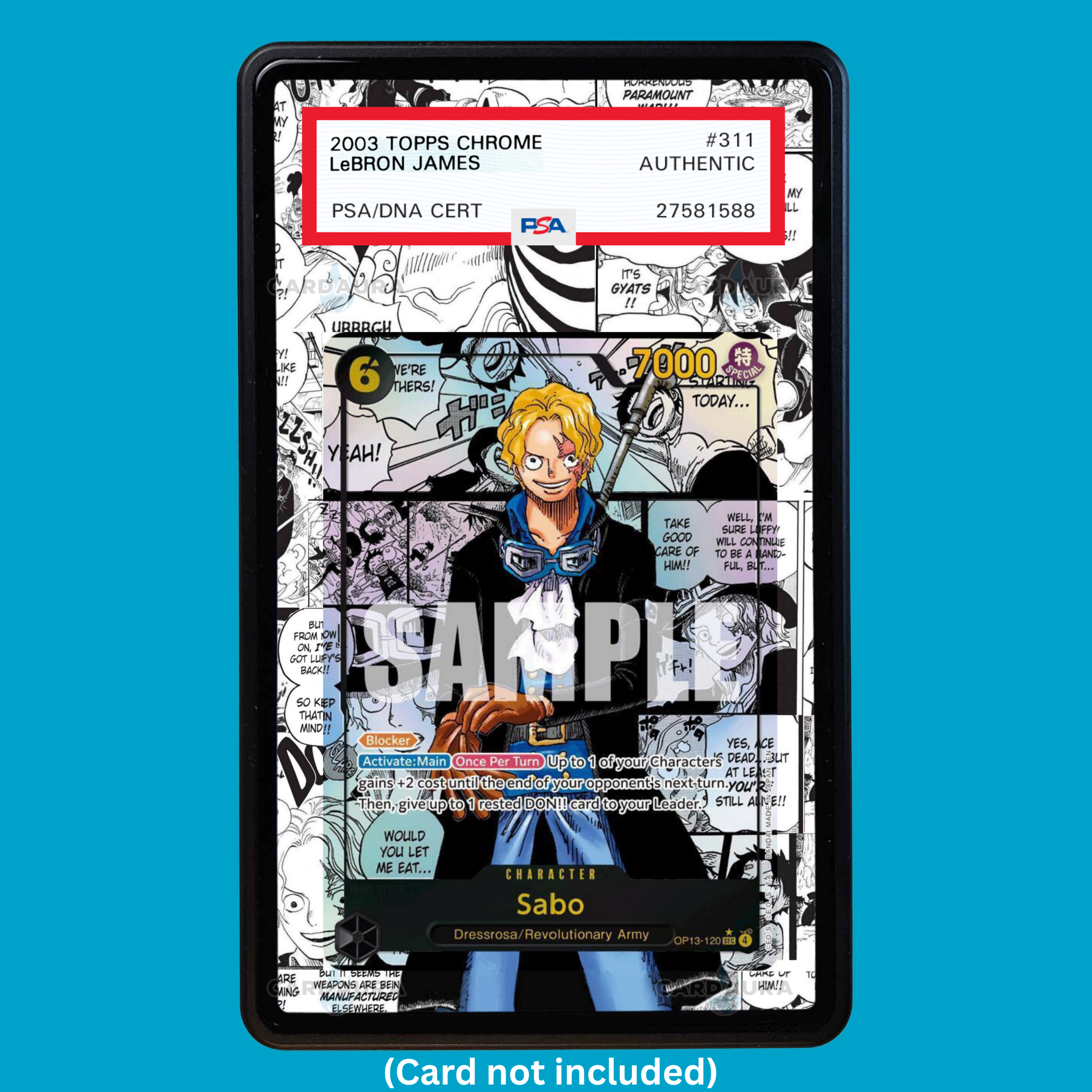 Showcase your Sabo Manga OP13-120 with a premium extended art display case designed for graded One Piece cards. This collectible display combines hand-drawn extended artwork, a magnetic aluminum case, and UV-protective tempered glass to help protect and elevate your One Piece Sabo OP13-120 Manga card.