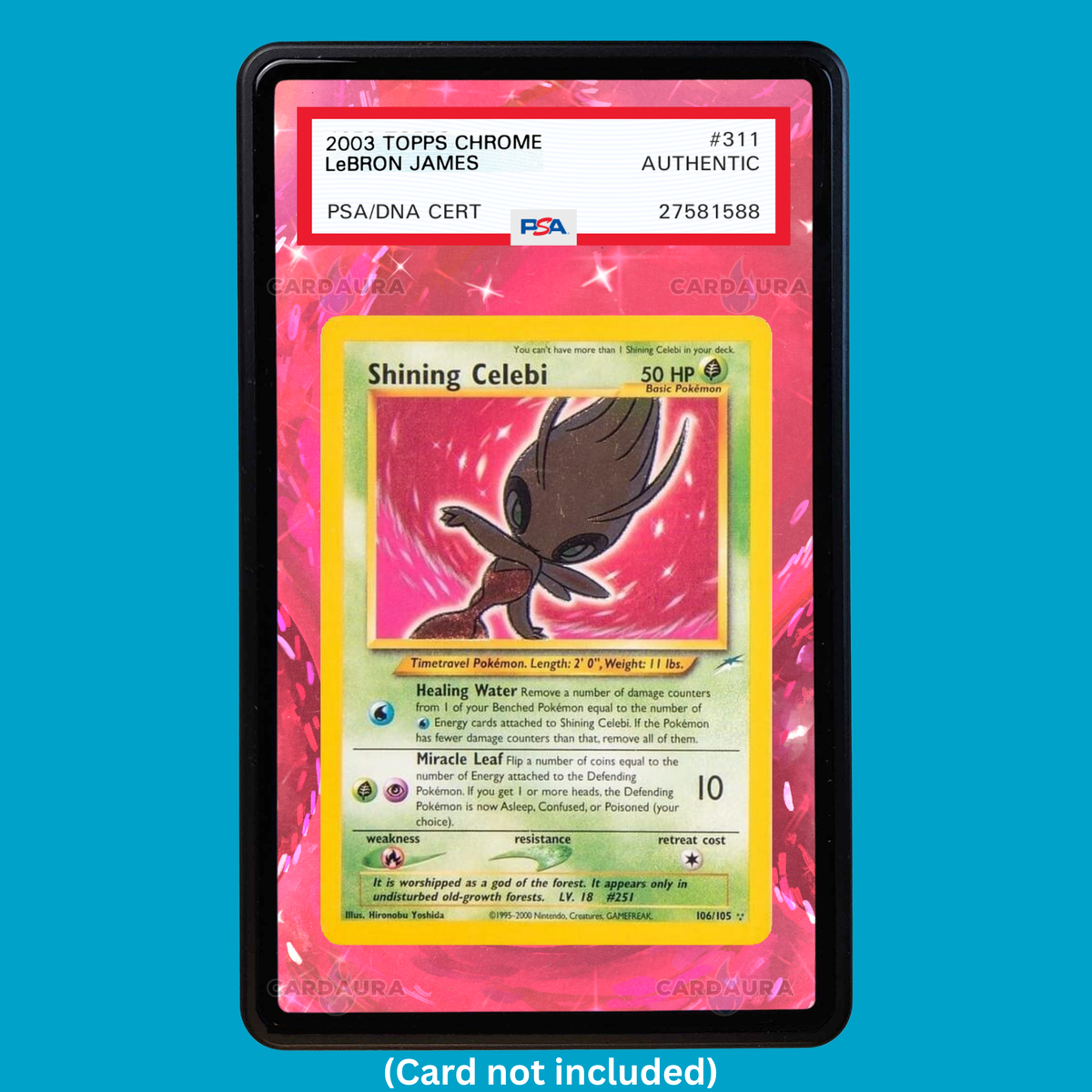 Showcase your Shining Celebi 106/105 with a premium extended art display case designed for graded Pokémon cards. This collectible display combines hand-drawn extended artwork, a magnetic aluminum case, and UV-protective tempered glass to help protect and elevate your Shining Celebi 106/105 card.