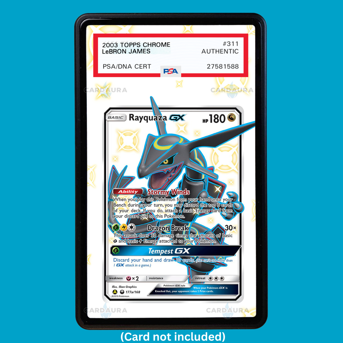 Showcase your Rayquaza GX 177a/168 with a premium extended art display case designed for graded Pokémon cards. This collectible display combines hand-drawn extended artwork, a magnetic aluminum case, and UV-protective tempered glass to help protect and elevate your Rayquaza GX 177a/168 card.