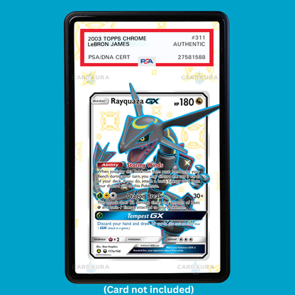 Showcase your Rayquaza GX 177a/168 with a premium extended art display case designed for graded Pokémon cards. This collectible display combines hand-drawn extended artwork, a magnetic aluminum case, and UV-protective tempered glass to help protect and elevate your Rayquaza GX 177a/168 card.