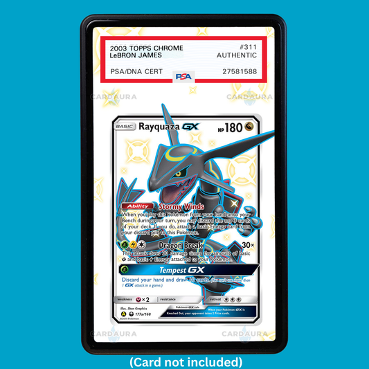 Showcase your Rayquaza GX 177a/168 with a premium extended art display case designed for graded Pokémon cards. This collectible display combines hand-drawn extended artwork, a magnetic aluminum case, and UV-protective tempered glass to help protect and elevate your Rayquaza GX 177a/168 card.