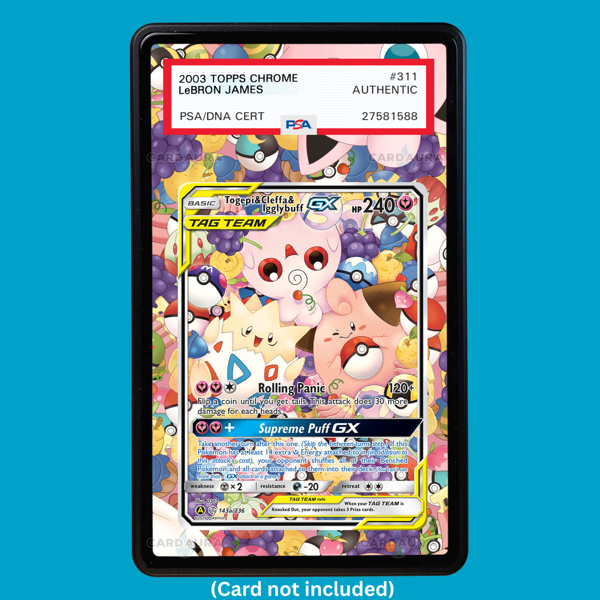 Showcase your Togepi and Cleffa and Igglybuff GX 143a/236 with a premium extended art display case designed for graded Pokémon cards. This collectible display combines hand-drawn extended artwork, a magnetic aluminum case, and UV-protective tempered glass to help protect and elevate your Togepi and Cleffa and Igglybuff GX 143a/236 card.