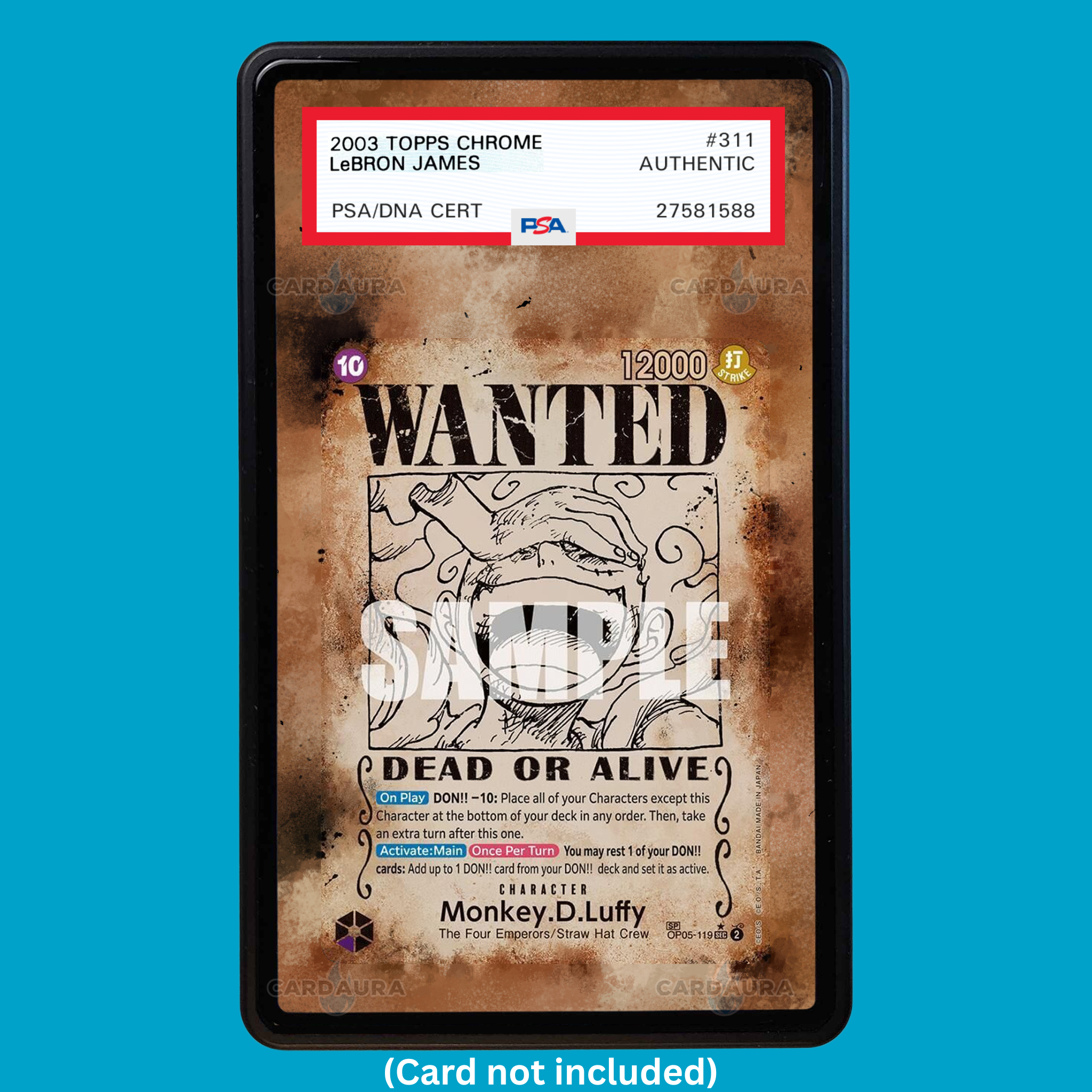 Showcase your Wanted Poster with a premium extended art display case designed for graded One Piece cards. This collectible display combines hand-drawn extended artwork, a magnetic aluminum case, and UV-protective tempered glass to help protect and elevate your One Piece Wanted Poster card.