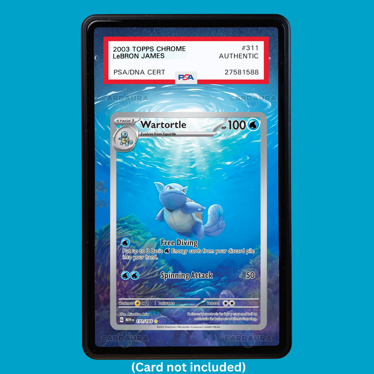 Hand-drawn Wartortle 171/165 Set 151 extended art display case insert for graded Pokémon cards