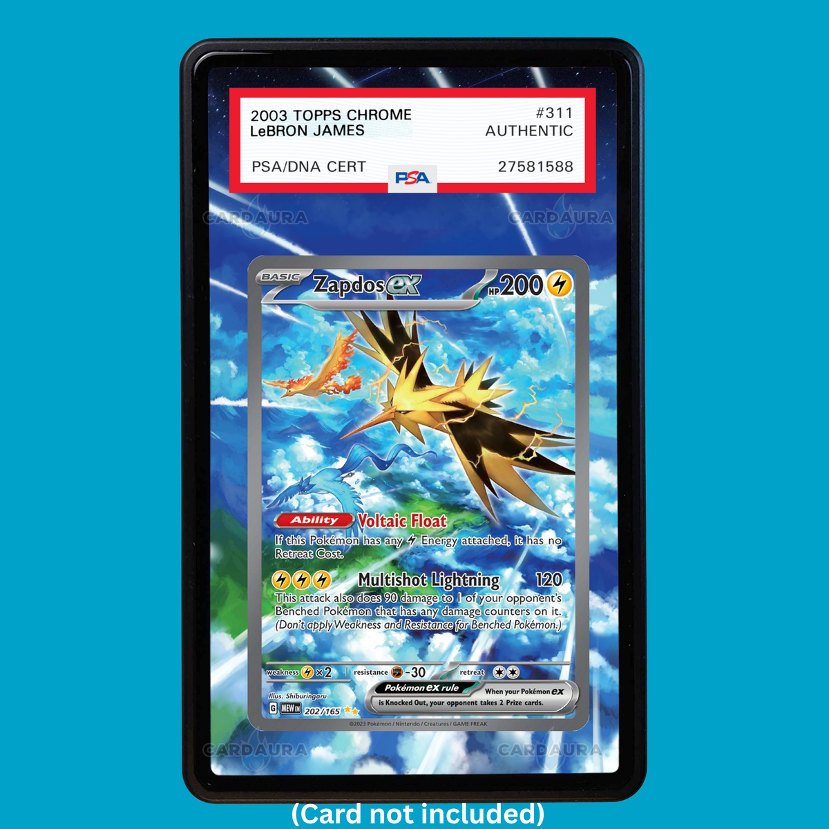 Hand-drawn Zapdos 202/165 Set 151 extended art display case insert for graded Pokémon cards