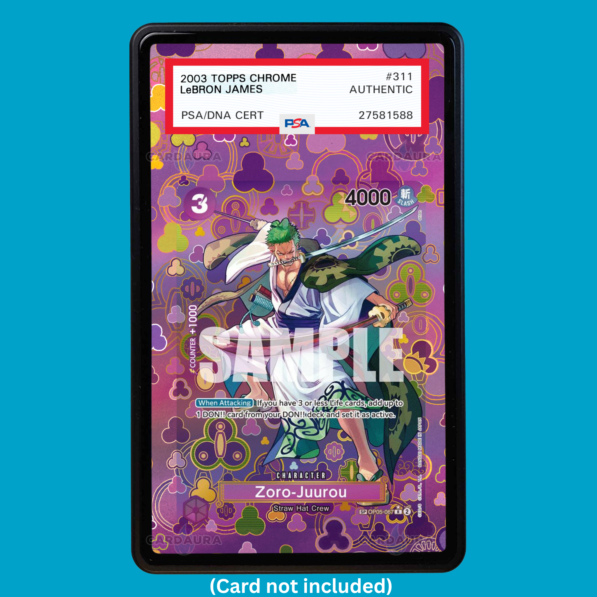 Showcase your Zoro-Juurou SP OP05-067 with a premium extended art display case designed for graded One Piece cards. This collectible display combines hand-drawn extended artwork, a magnetic aluminum case, and UV-protective tempered glass to help protect and elevate your One Piece Zoro-Juurou SP card.