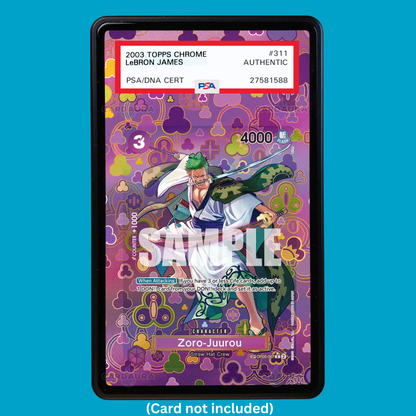 Showcase your Zoro-Juurou SP OP05-067 with a premium extended art display case designed for graded One Piece cards. This collectible display combines hand-drawn extended artwork, a magnetic aluminum case, and UV-protective tempered glass to help protect and elevate your One Piece Zoro-Juurou SP card.
