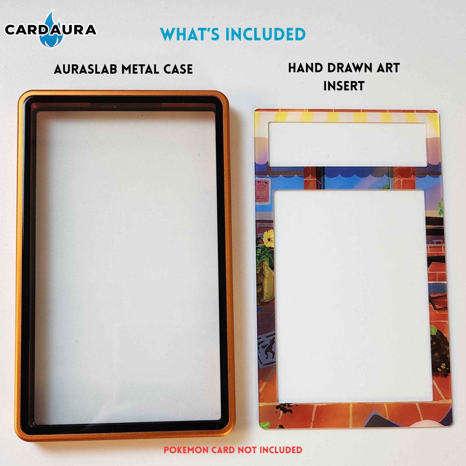 Cardaura Auraslab metal case and hand-drawn art insert on a white background